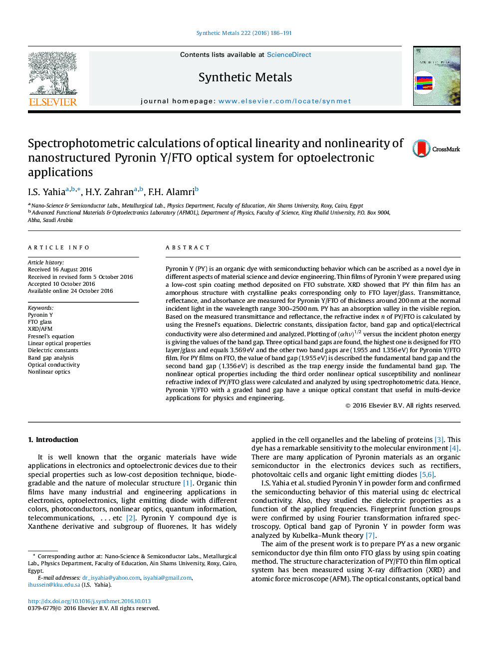 Spectrophotometric calculations of optical linearity and nonlinearity of nanostructured Pyronin Y/FTO optical system for optoelectronic applications