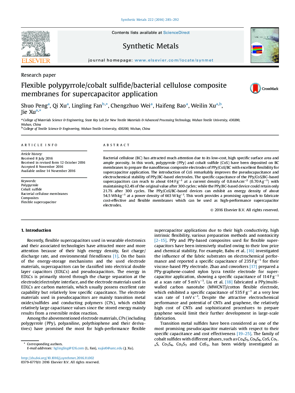 Flexible polypyrrole/cobalt sulfide/bacterial cellulose composite membranes for supercapacitor application