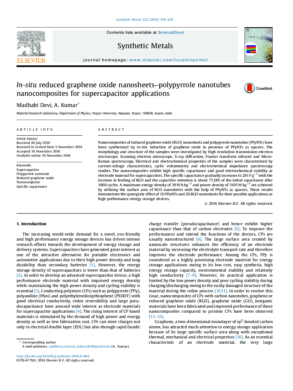 In-situ reduced graphene oxide nanosheets-polypyrrole nanotubes nanocomposites for supercapacitor applications