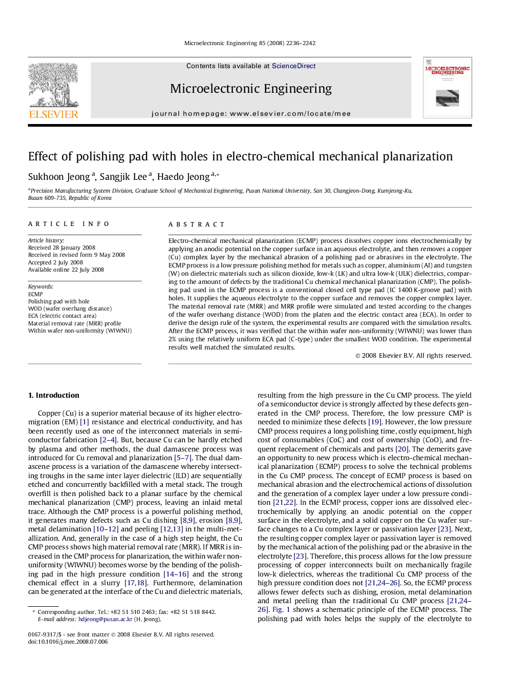 عکس صفحه اول مقاله: Effect of polishing pad with holes in electro-chemical mechanical planarization Effect of polishing pad with holes in electro-chemical mechanical planarization