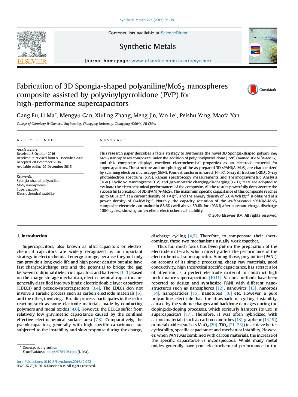 Fabrication of 3D Spongia-shaped polyaniline/MoS2 nanospheres composite assisted by polyvinylpyrrolidone (PVP) for high-performance supercapacitors