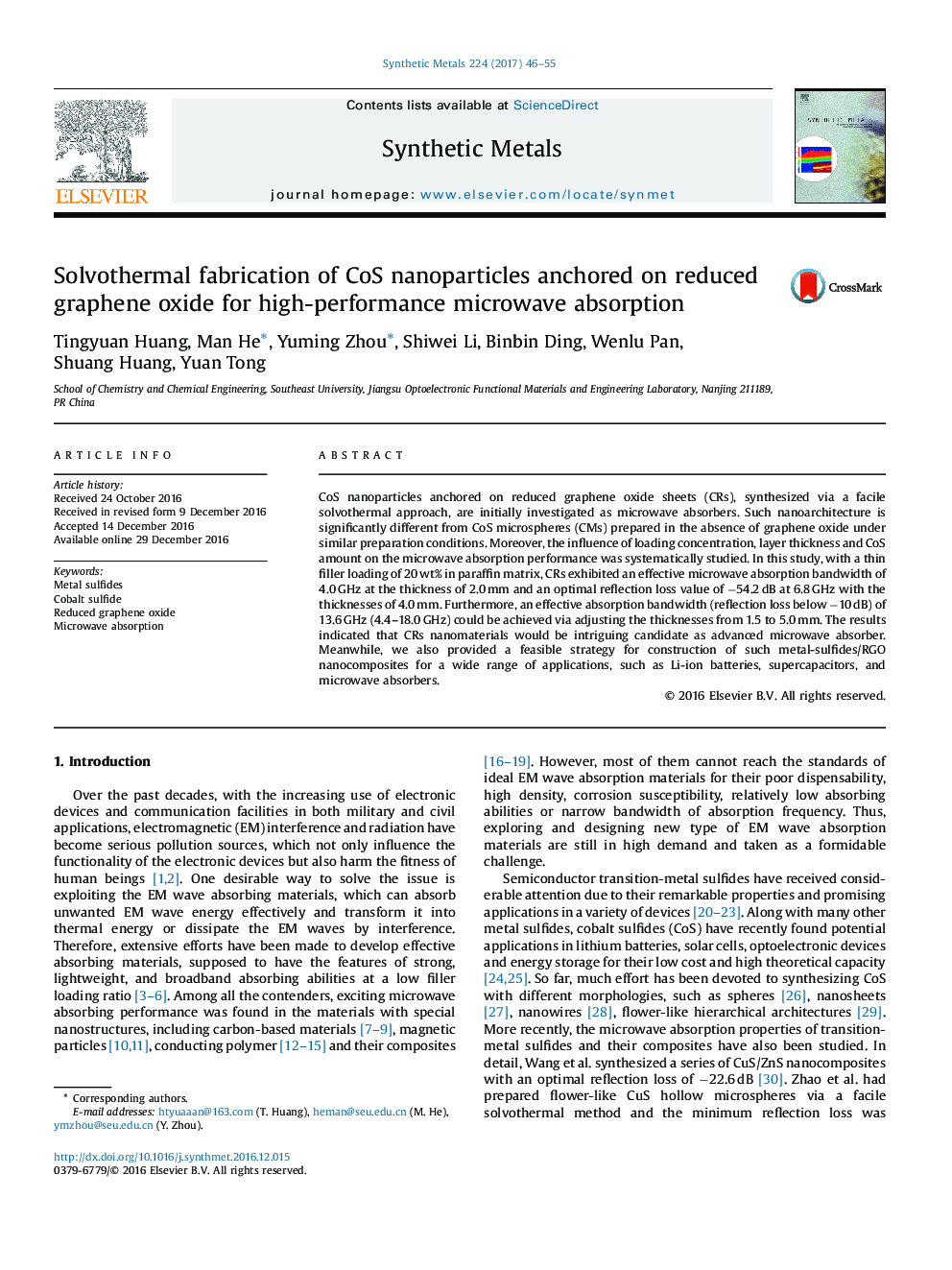 Solvothermal fabrication of CoS nanoparticles anchored on reduced graphene oxide for high-performance microwave absorption