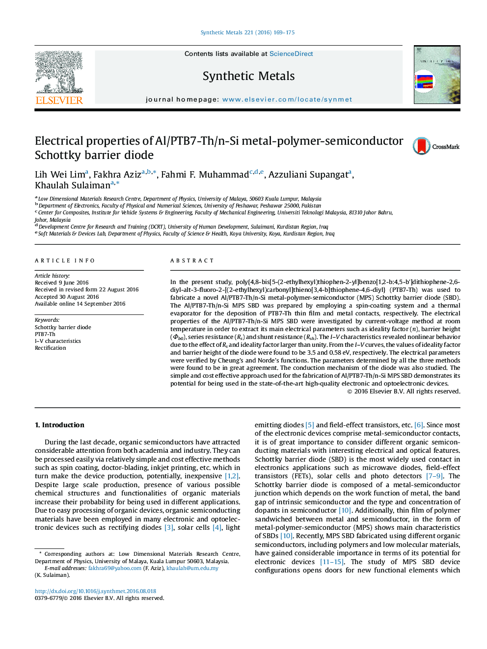 Electrical properties of Al/PTB7-Th/n-Si metal-polymer-semiconductor Schottky barrier diode