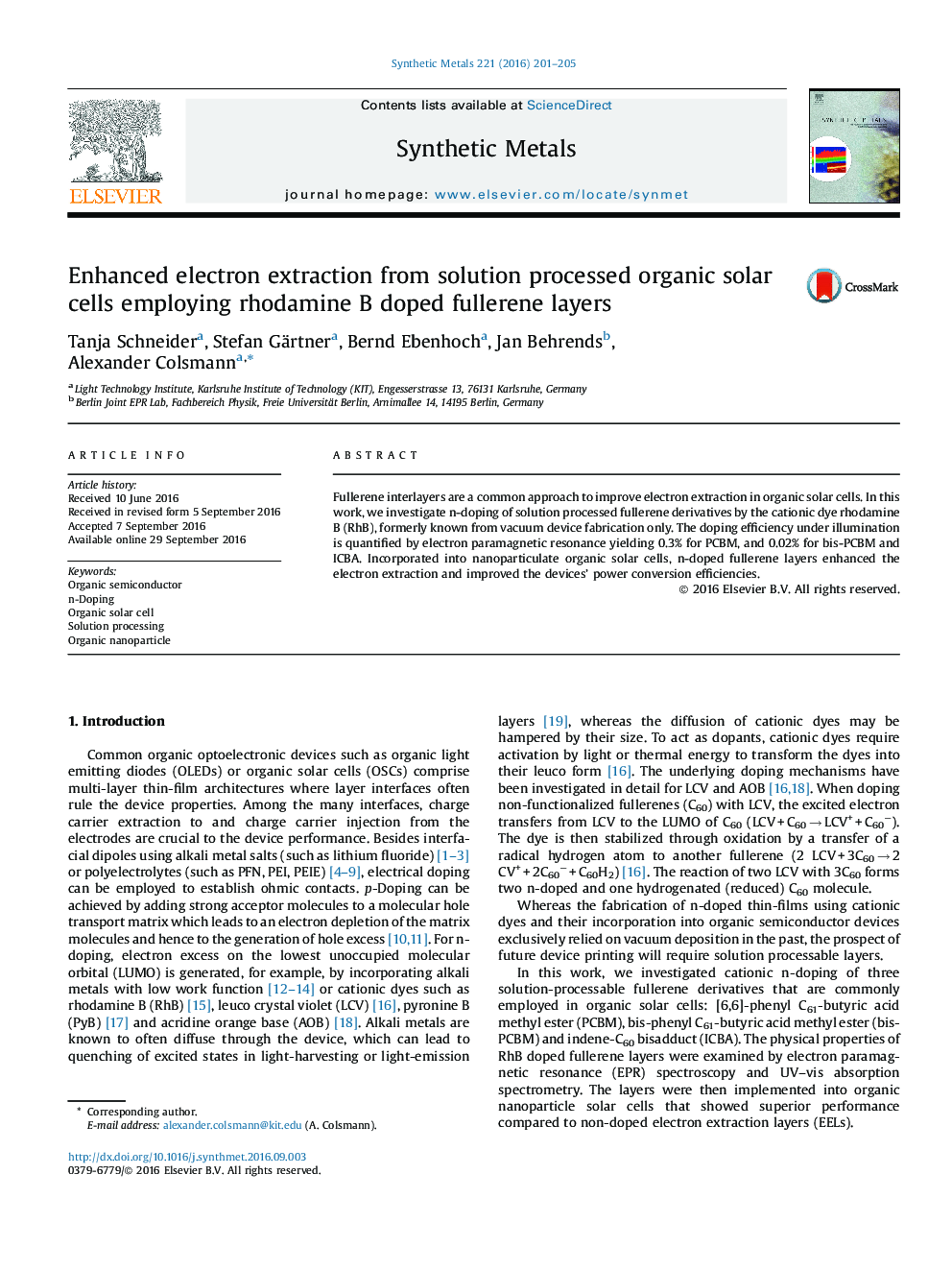 Enhanced electron extraction from solution processed organic solar cells employing rhodamine B doped fullerene layers