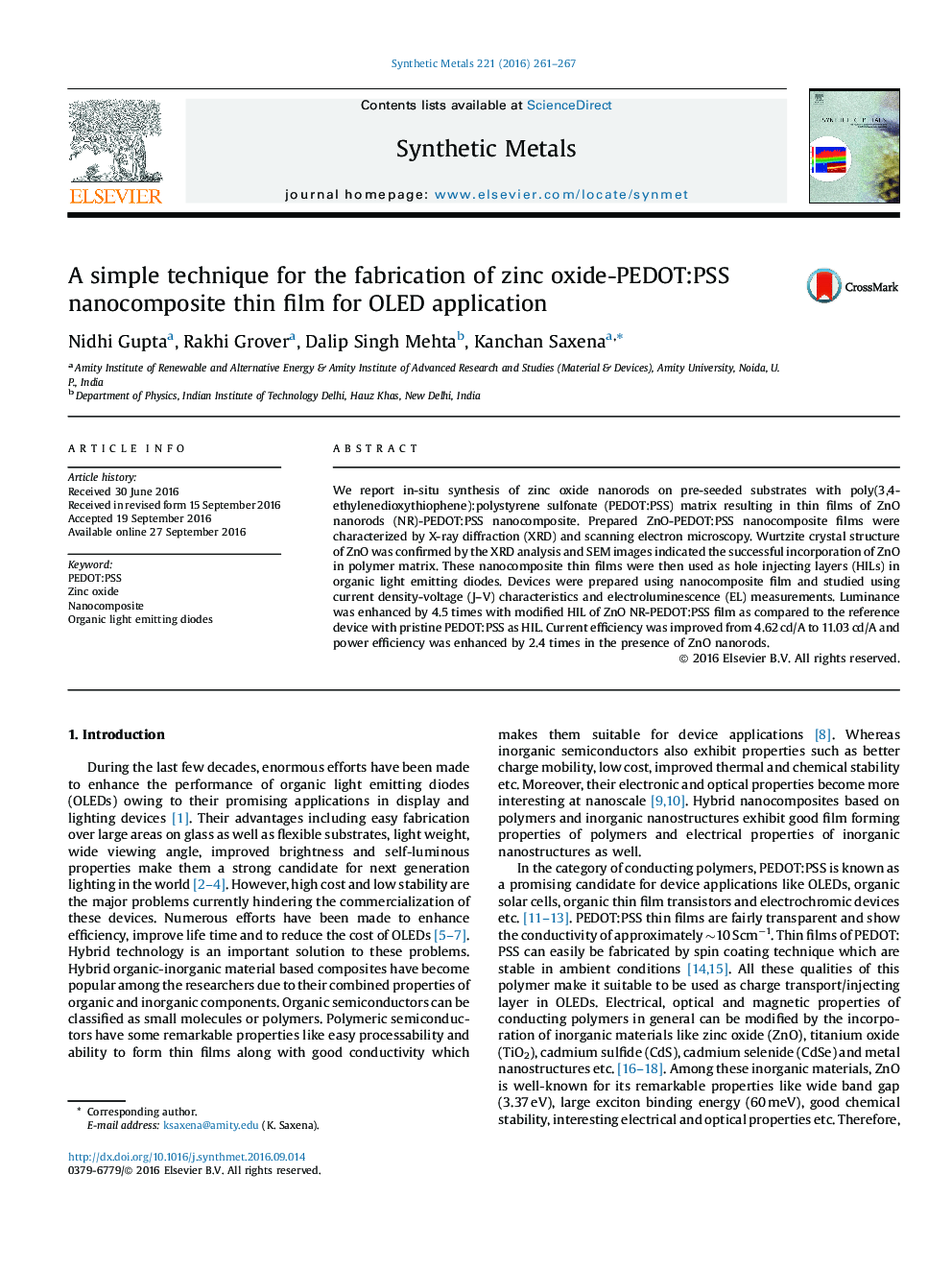 A simple technique for the fabrication of zinc oxide-PEDOT:PSS nanocomposite thin film for OLED application