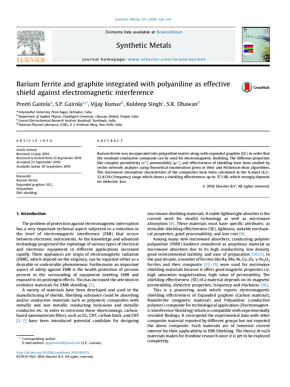 Barium ferrite and graphite integrated with polyaniline as effective shield against electromagnetic interference