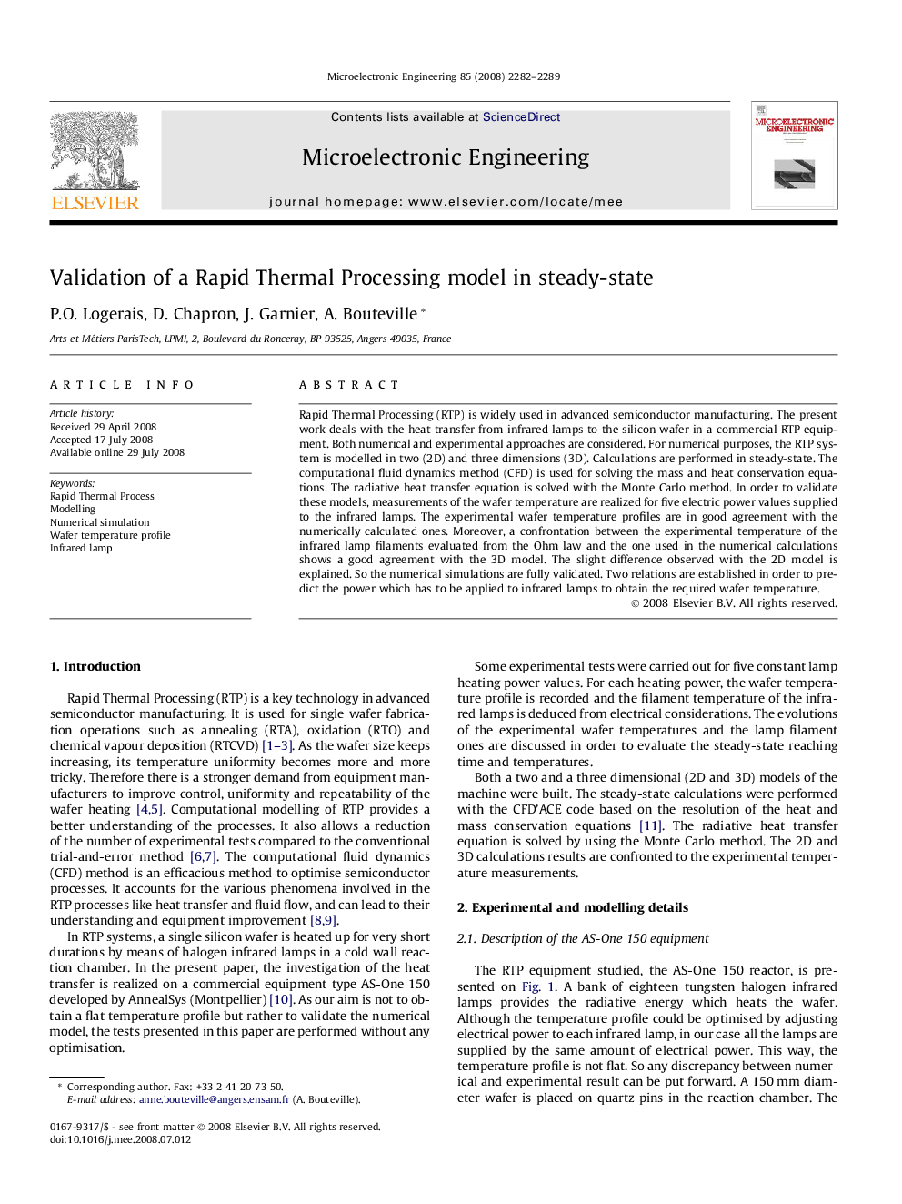 Validation of a Rapid Thermal Processing model in steady-state