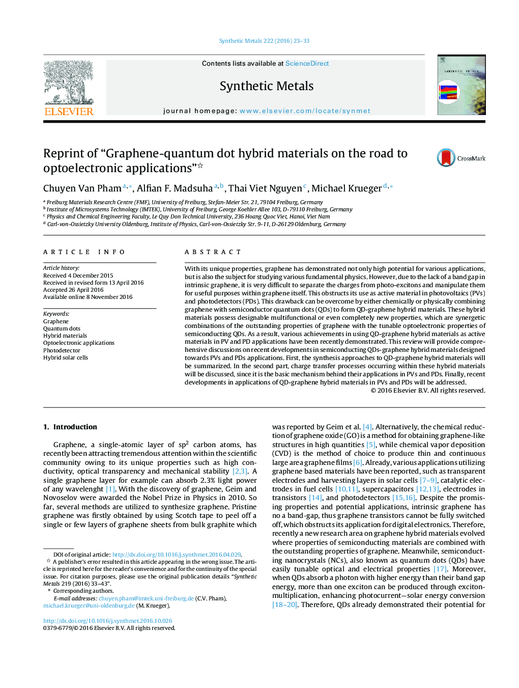 Reprint of “Graphene-quantum dot hybrid materials on the road to optoelectronic applications”