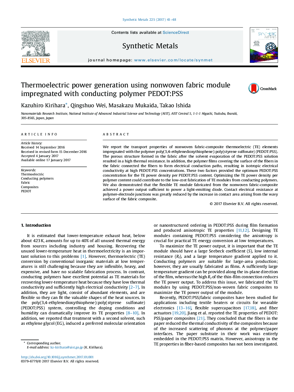 Thermoelectric power generation using nonwoven fabric module impregnated with conducting polymer PEDOT:PSS