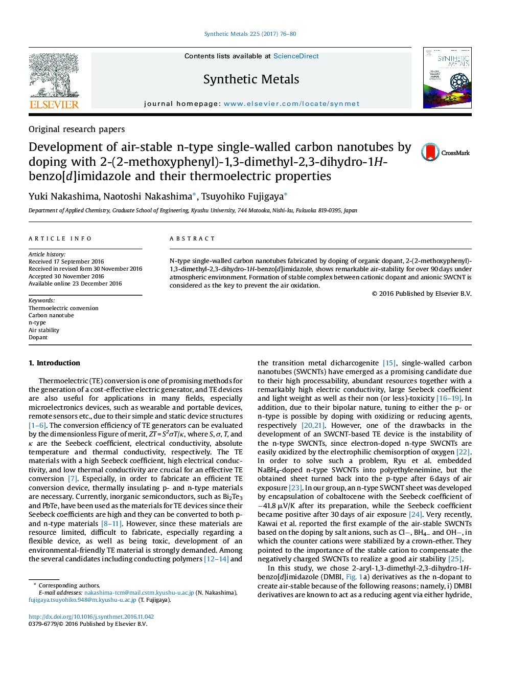 Development of air-stable n-type single-walled carbon nanotubes by doping with 2-(2-methoxyphenyl)-1,3-dimethyl-2,3-dihydro-1H-benzo[d]imidazole and their thermoelectric properties