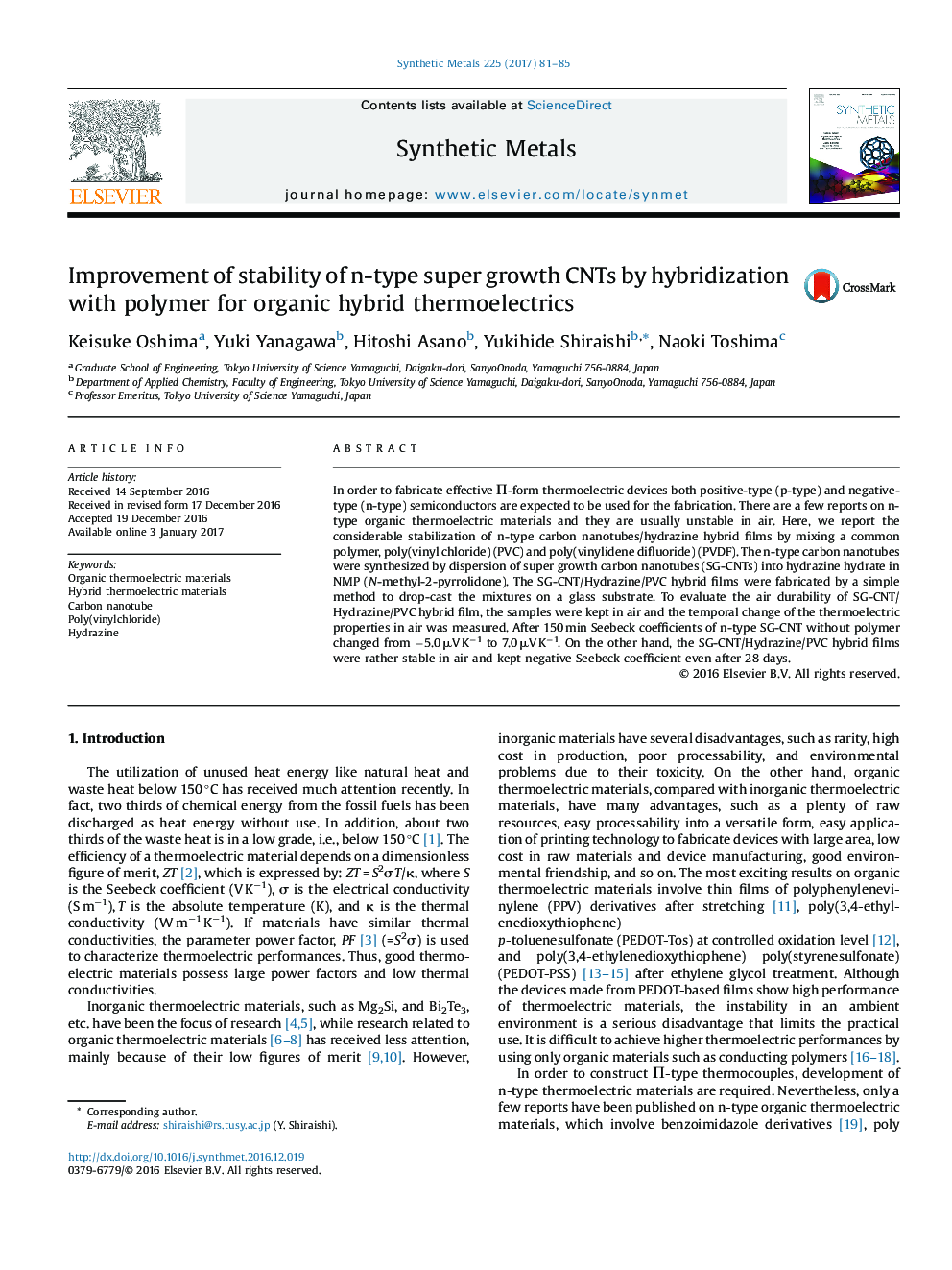 Improvement of stability of n-type super growth CNTs by hybridization with polymer for organic hybrid thermoelectrics