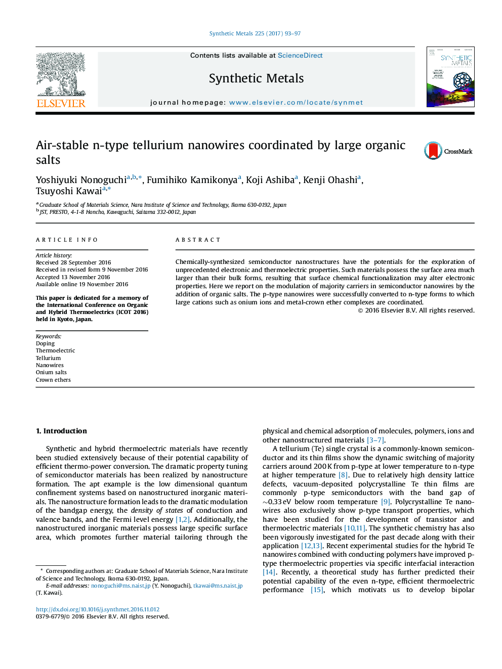 Air-stable n-type tellurium nanowires coordinated by large organic salts