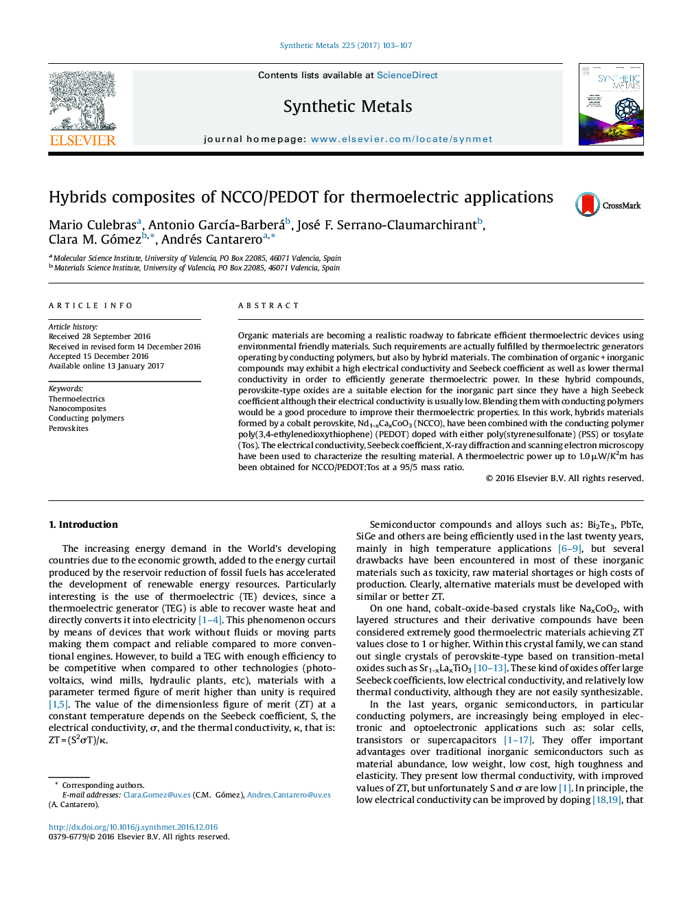 Hybrids composites of NCCO/PEDOT for thermoelectric applications