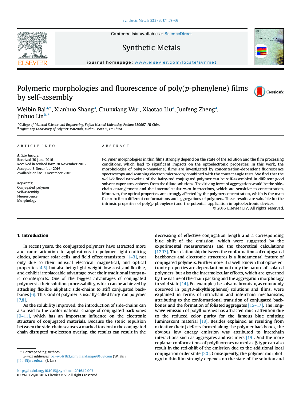 Polymeric morphologies and fluorescence of poly(p-phenylene) films by self-assembly