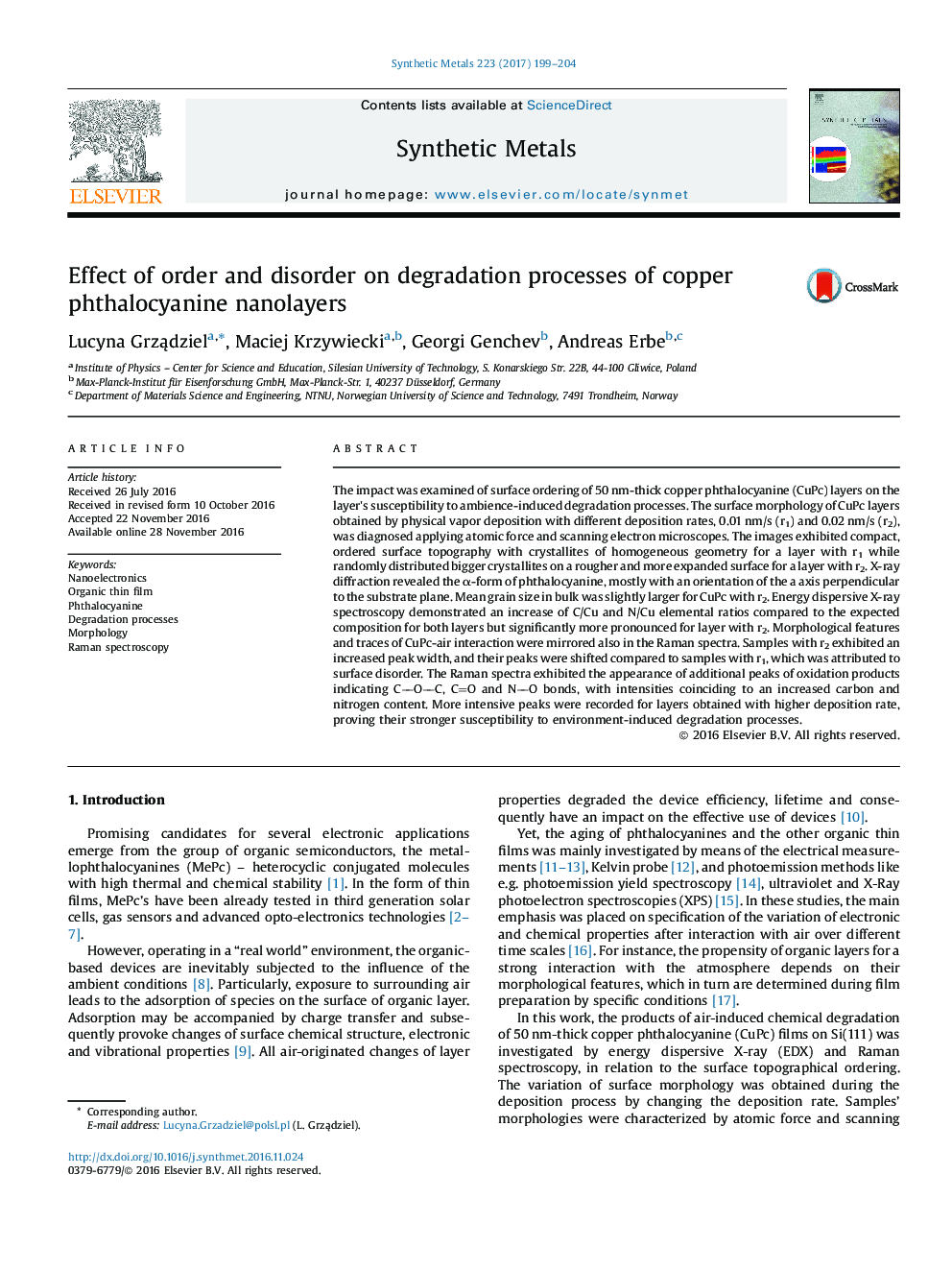 Effect of order and disorder on degradation processes of copper phthalocyanine nanolayers