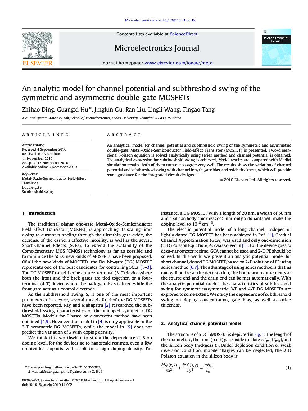 An analytic model for channel potential and subthreshold swing of the symmetric and asymmetric double-gate MOSFETs