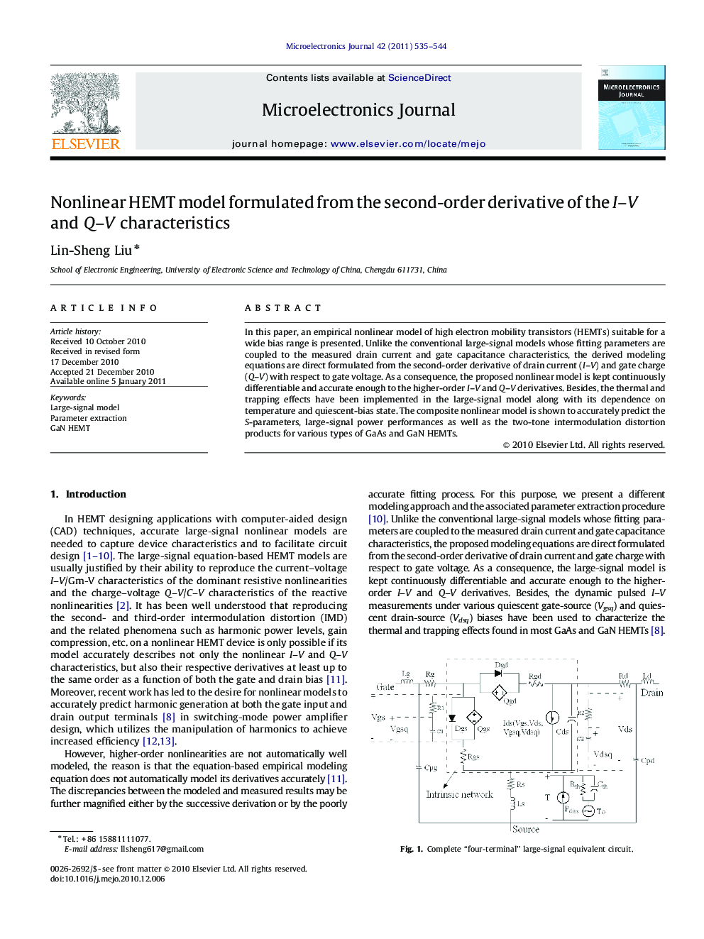 Nonlinear HEMT model formulated from the second-order derivative of the I–V and Q–V characteristics