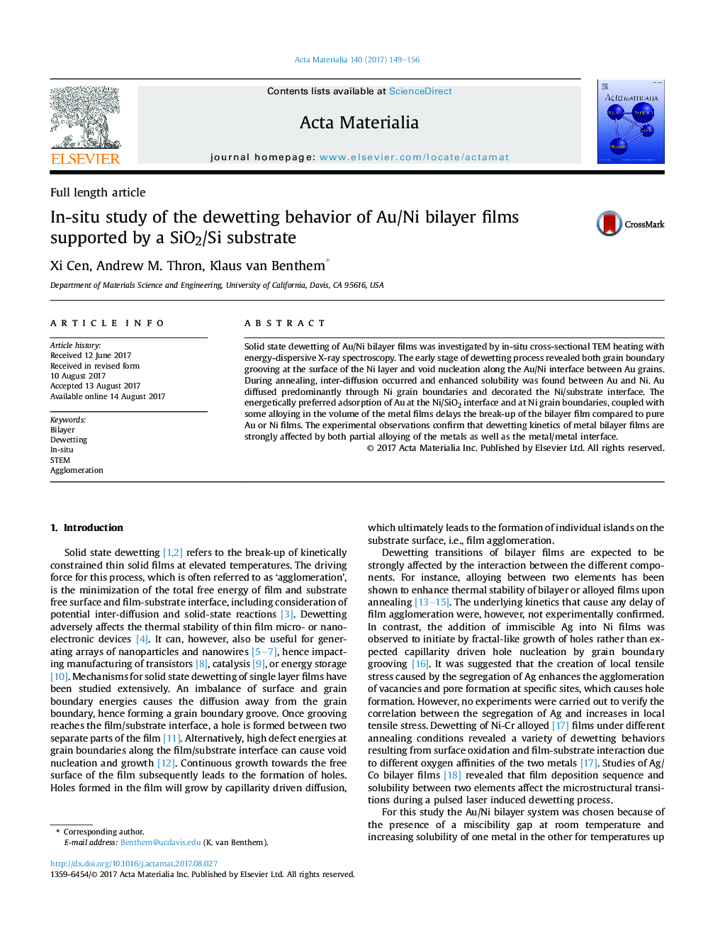 In-situ study of the dewetting behavior of Au/Ni bilayer films supported by a SiO2/Si substrate