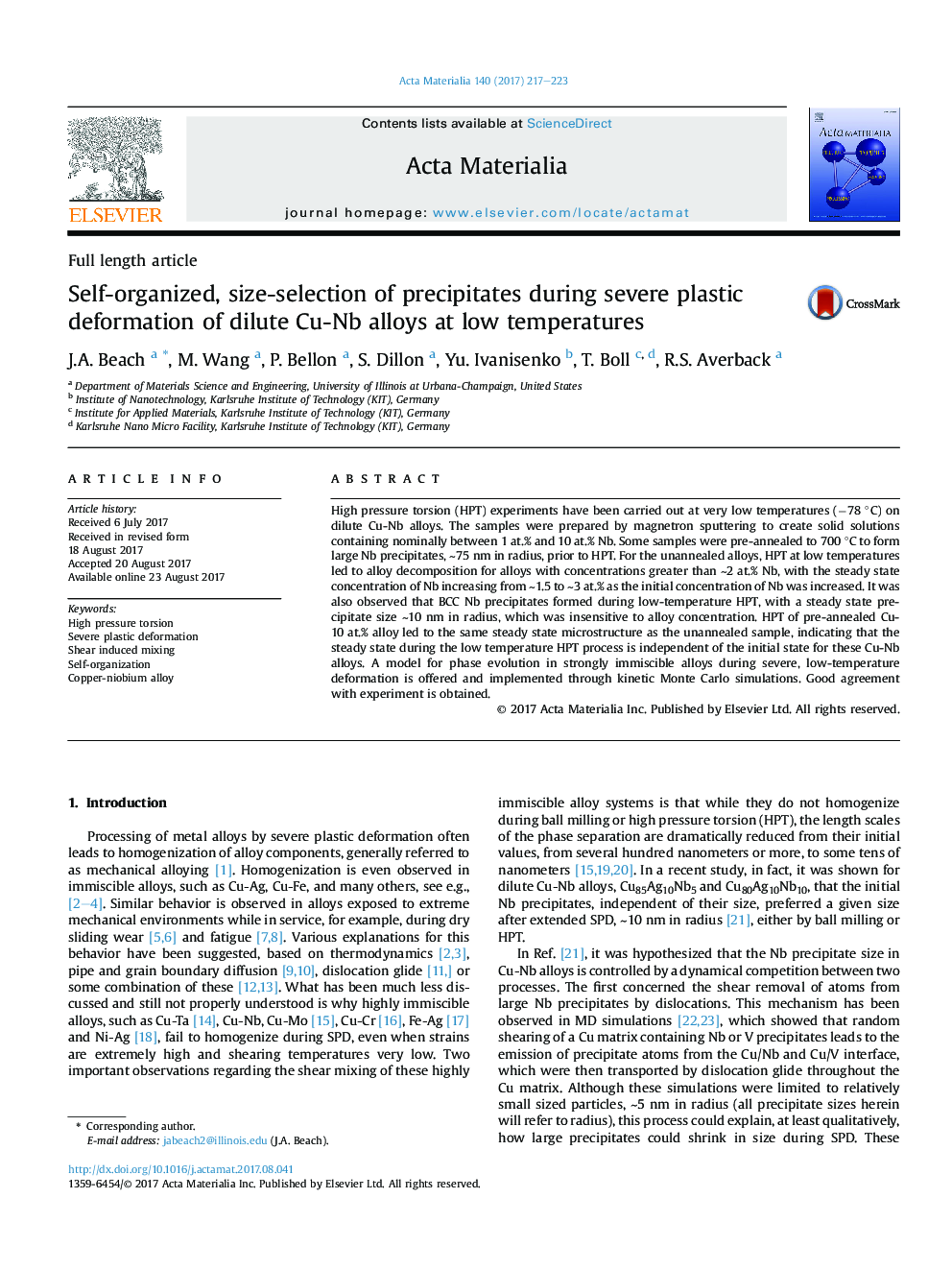 Self-organized, size-selection of precipitates during severe plastic deformation of dilute Cu-Nb alloys at low temperatures