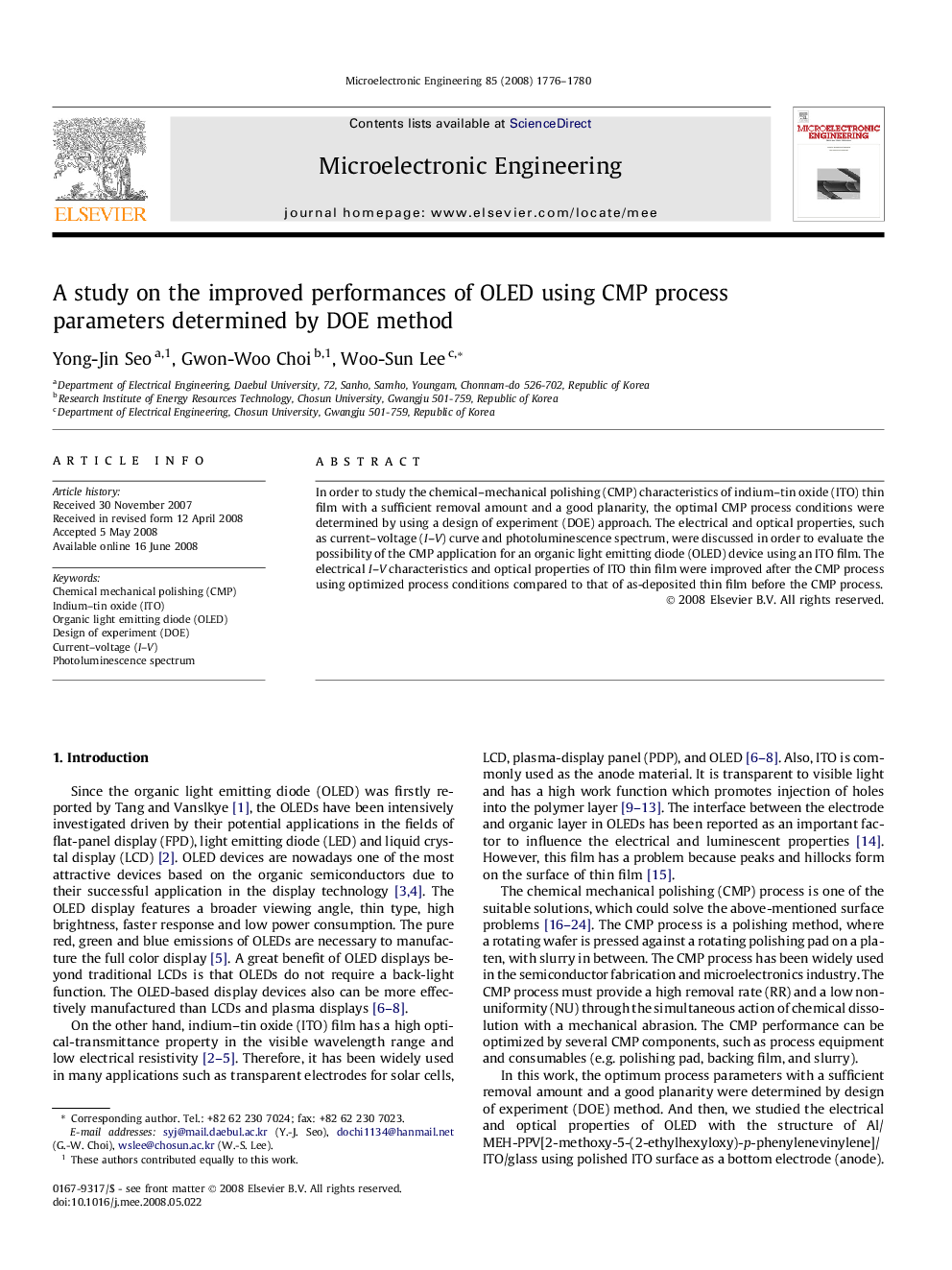 A study on the improved performances of OLED using CMP process parameters determined by DOE method