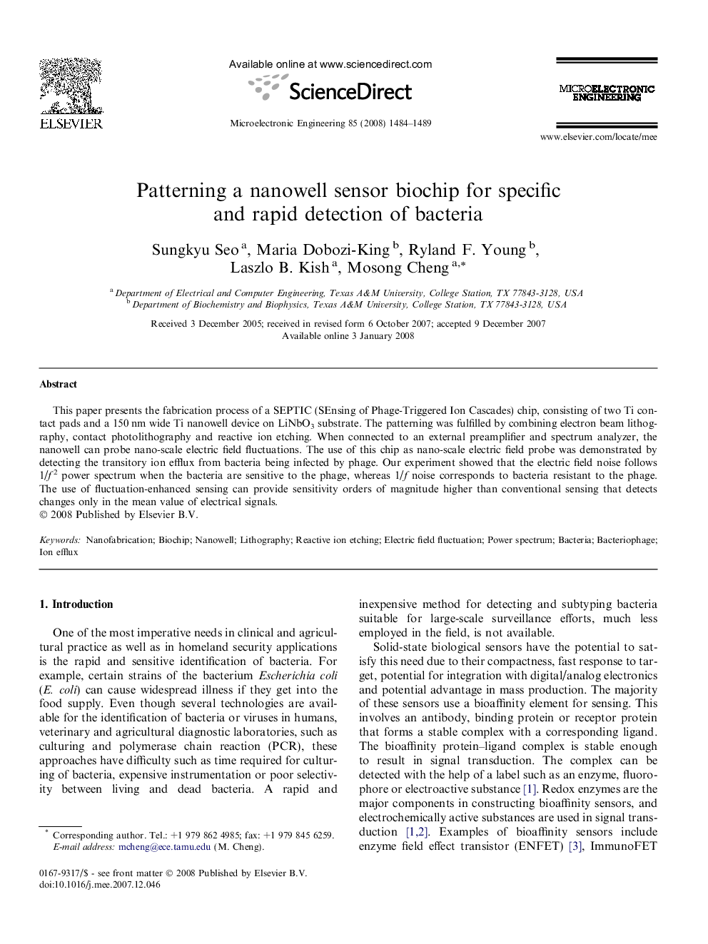 Patterning a nanowell sensor biochip for specific and rapid detection of bacteria