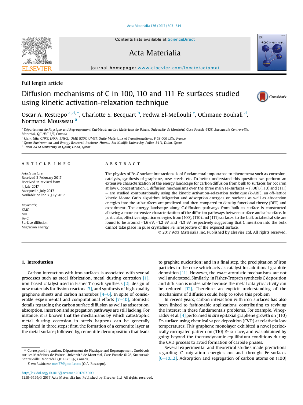 عکس صفحه اول مقاله: Diffusion mechanisms of C in 100, 110 and 111 Fe surfaces studied using kinetic activation-relaxation technique Diffusion mechanisms of C in 100, 110 and 111 Fe surfaces studied using kinetic activation-relaxation technique