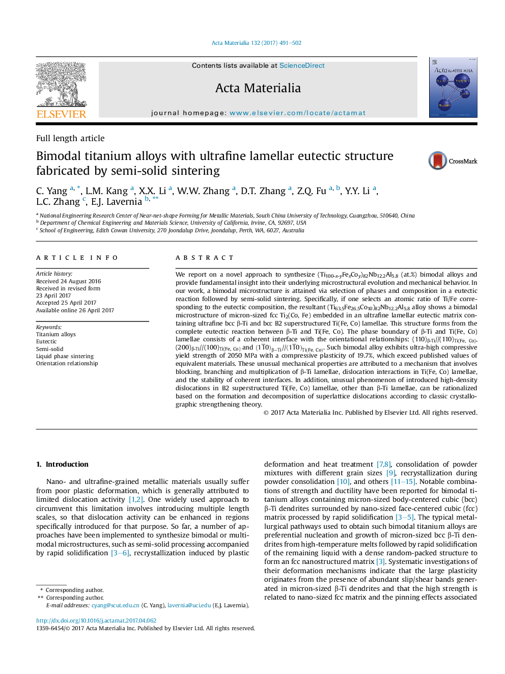 عکس صفحه اول مقاله: Bimodal titanium alloys with ultrafine lamellar eutectic structure fabricated by semi-solid sintering Bimodal titanium alloys with ultrafine lamellar eutectic structure fabricated by semi-solid sintering