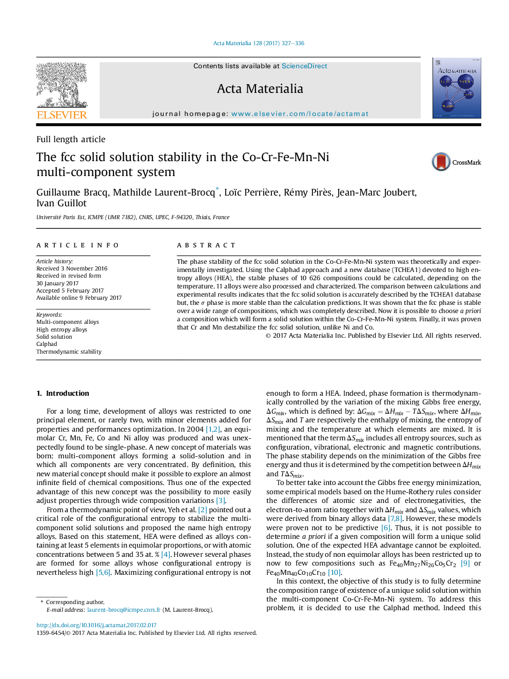 The fcc solid solution stability in the Co-Cr-Fe-Mn-Ni multi-component system