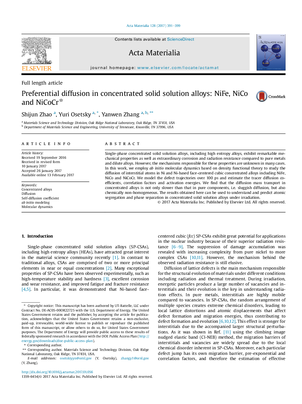 عکس صفحه اول مقاله: Preferential diffusion in concentrated solid solution alloys: NiFe, NiCo and NiCoCr Preferential diffusion in concentrated solid solution alloys: NiFe, NiCo and NiCoCr