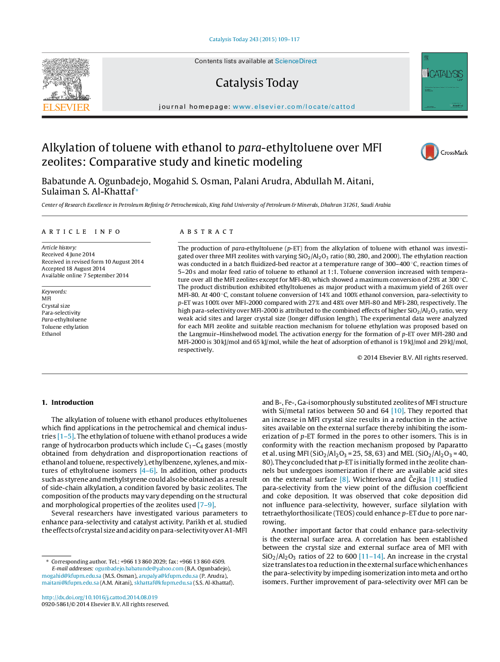 Alkylation of toluene with ethanol to para-ethyltoluene over MFI zeolites: Comparative study and kinetic modeling