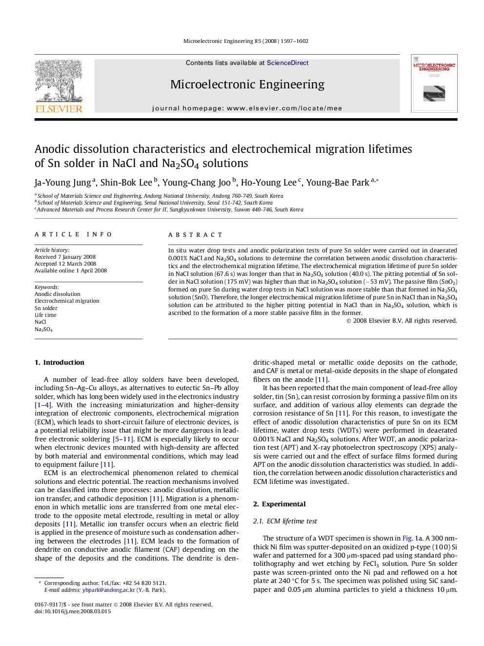 Anodic dissolution characteristics and electrochemical migration lifetimes of Sn solder in NaCl and Na2SO4 solutions