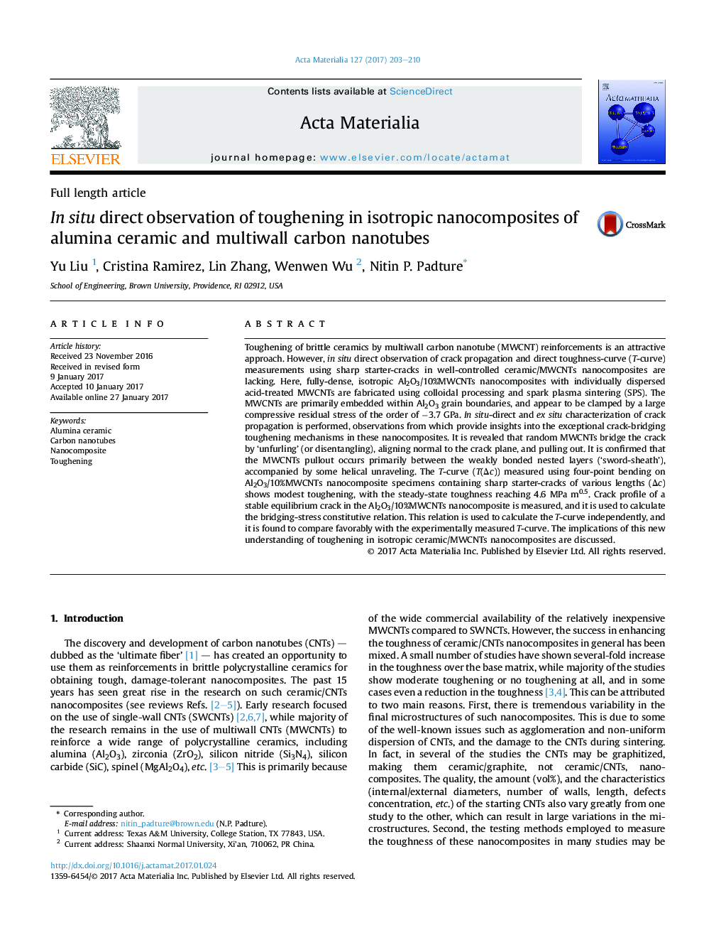 In situ direct observation of toughening in isotropic nanocomposites of alumina ceramic and multiwall carbon nanotubes