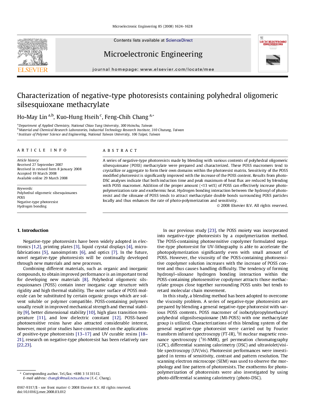 Characterization of negative-type photoresists containing polyhedral oligomeric silsesquioxane methacrylate