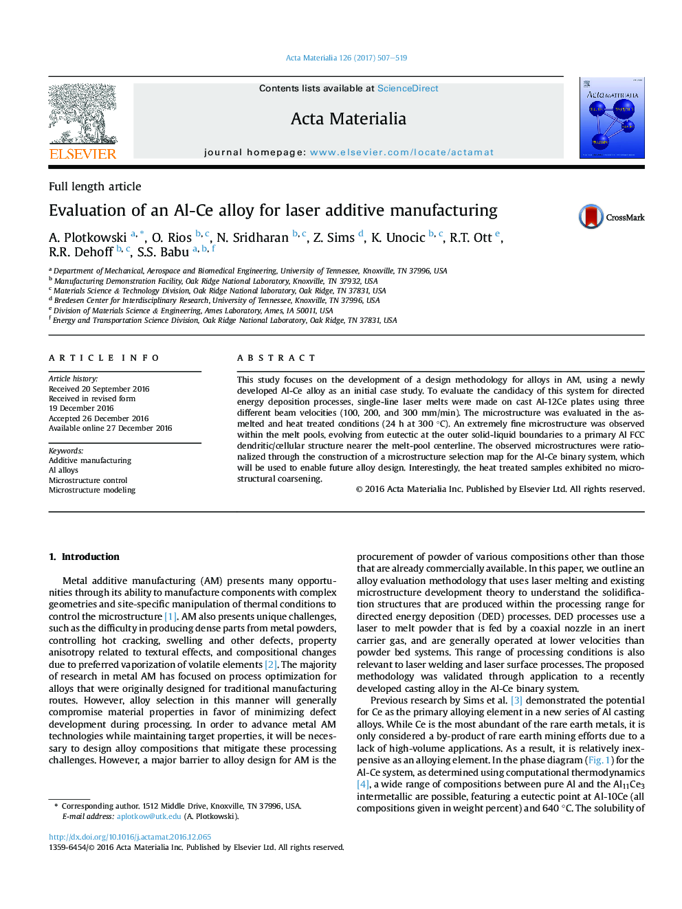 Evaluation of an Al-Ce alloy for laser additive manufacturing