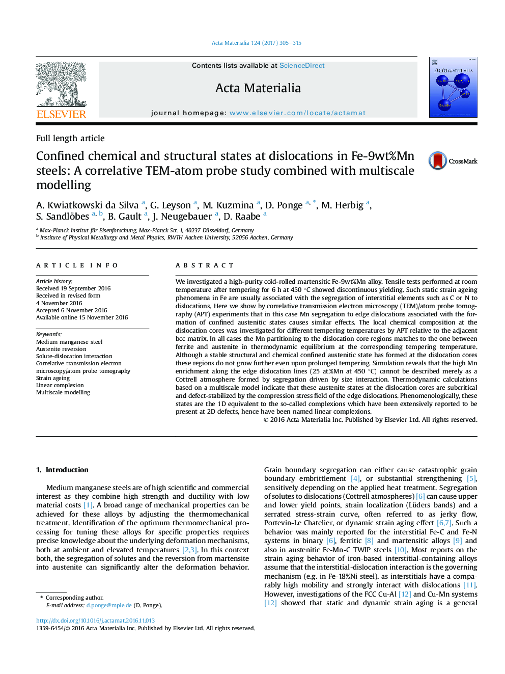 Confined chemical and structural states at dislocations in Fe-9wt%Mn steels: A correlative TEM-atom probe study combined with multiscale modelling