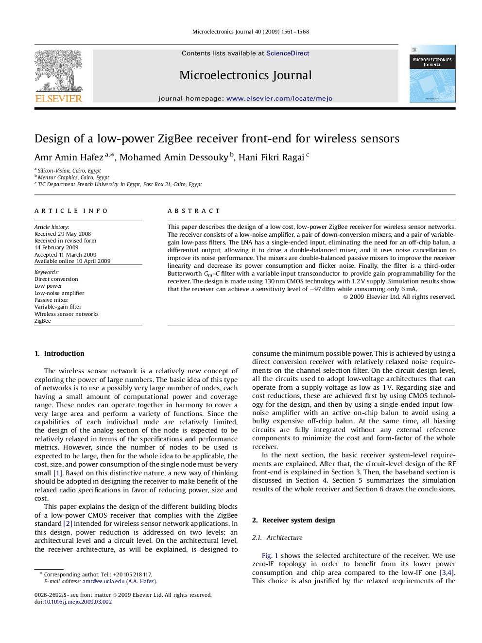 Design of a low-power ZigBee receiver front-end for wireless sensors