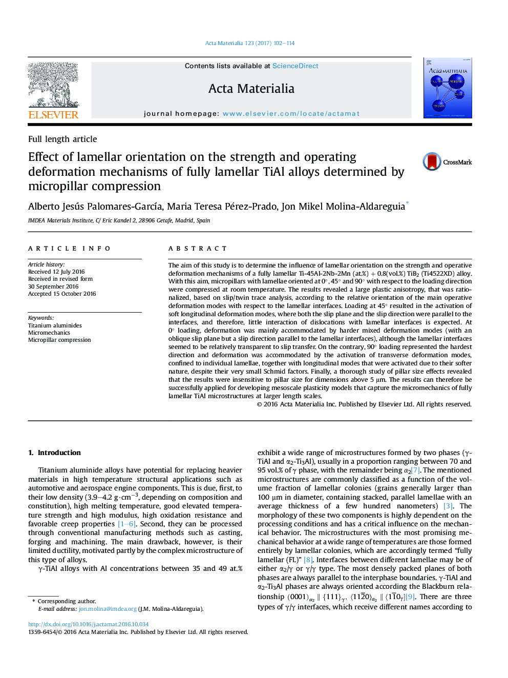 Effect of lamellar orientation on the strength and operating deformation mechanisms of fully lamellar TiAl alloys determined by micropillar compression