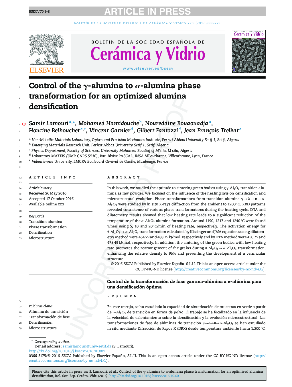 Control of the Î³-alumina to Î±-alumina phase transformation for an optimized alumina densification
