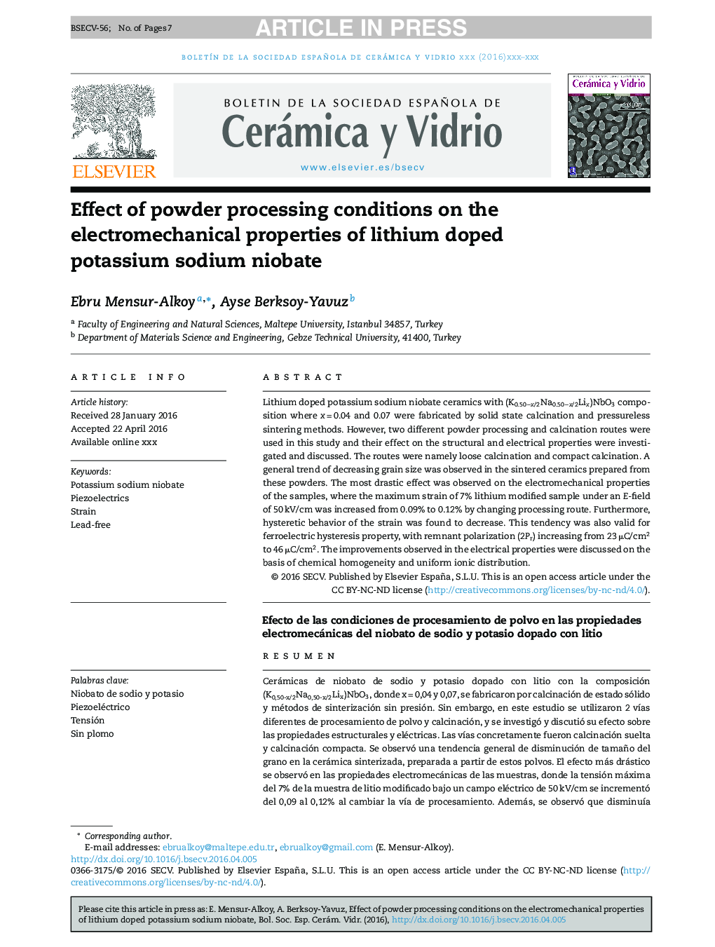 Effect of powder processing conditions on the electromechanical properties of lithium doped potassium sodium niobate