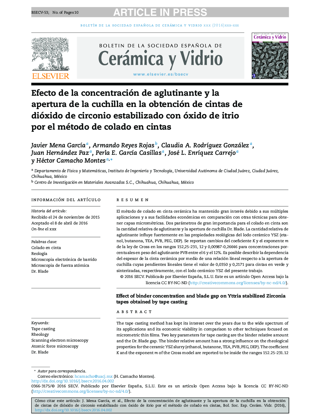 Efecto de la concentración de aglutinante y la apertura de la cuchilla en la obtención de cintas de dióxido de circonio estabilizado con óxido de itrio por el método de colado en cintas