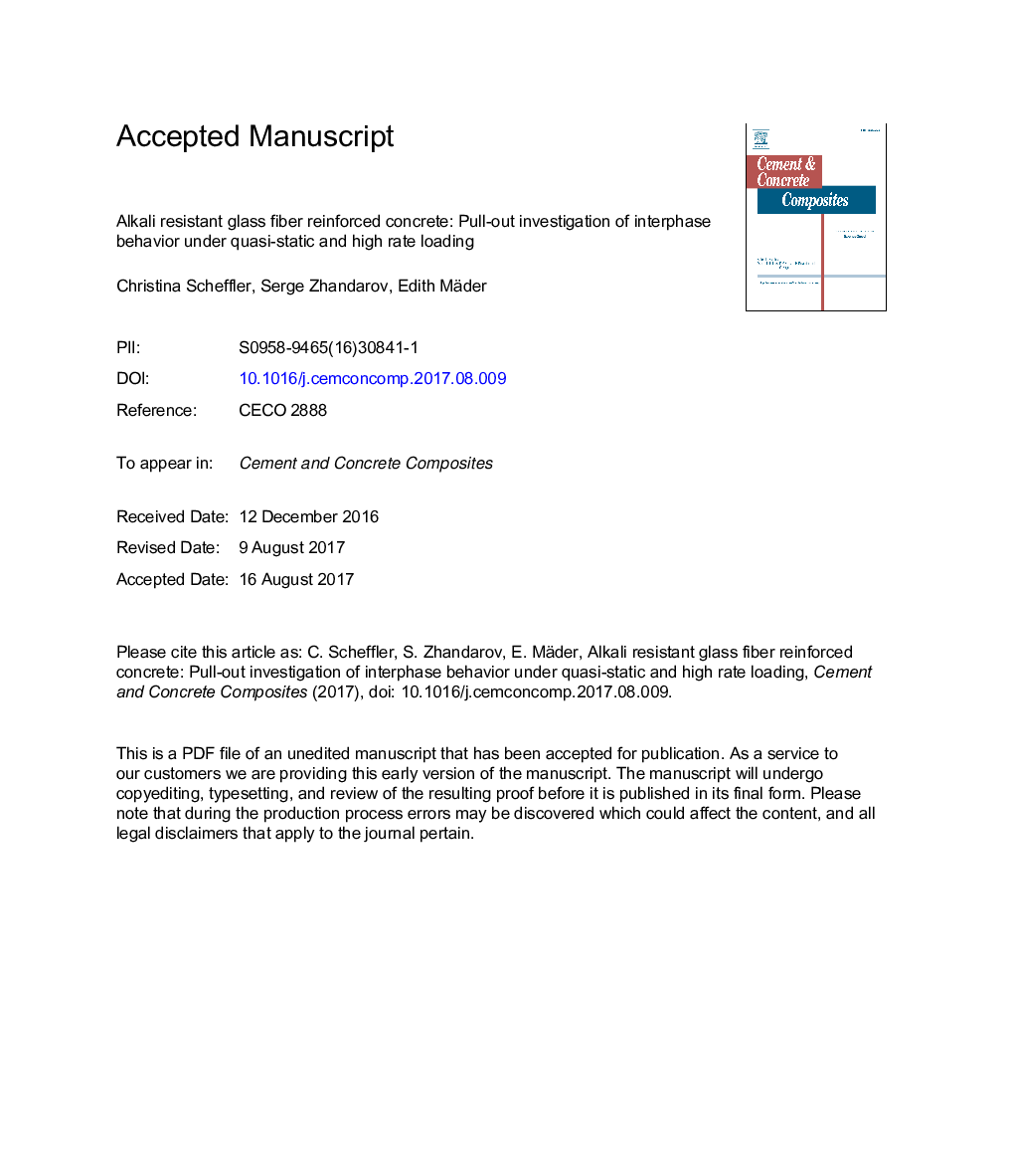 Alkali resistant glass fiber reinforced concrete: Pull-out investigation of interphase behavior under quasi-static and high rate loading