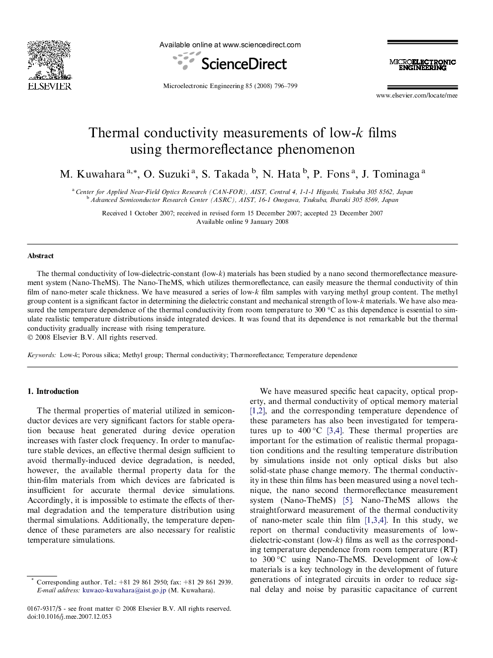 Thermal conductivity measurements of low-k films using thermoreflectance phenomenon