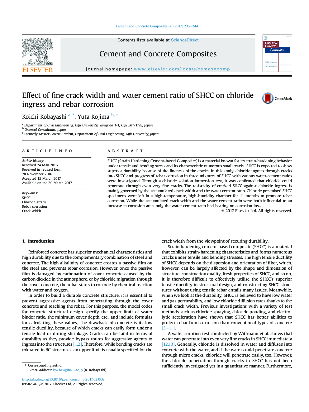 Effect of fine crack width and water cement ratio of SHCC on chloride ingress and rebar corrosion