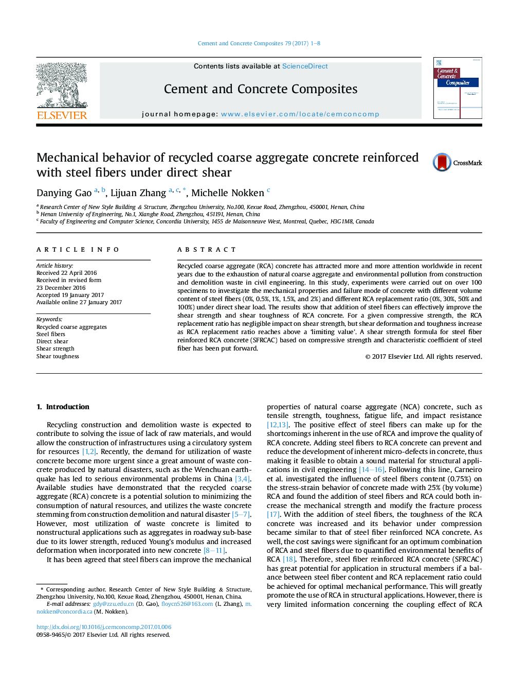 Mechanical behavior of recycled coarse aggregate concrete reinforced with steel fibers under direct shear