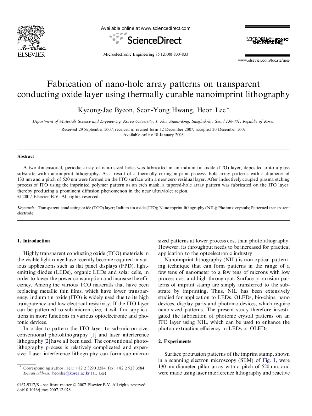 Fabrication of nano-hole array patterns on transparent conducting oxide layer using thermally curable nanoimprint lithography