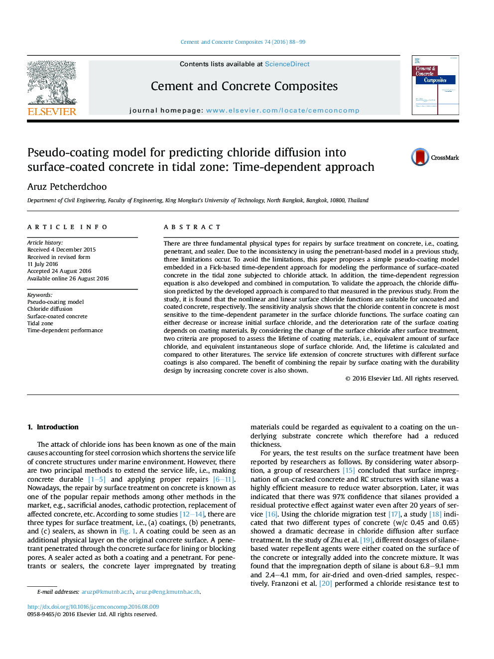 مدل پوشش شبیه سازی برای پیش بینی نفوذ کلرید به بتن پوشش داده شده در منطقه جزر و مد: رویکرد وابسته به زمان 