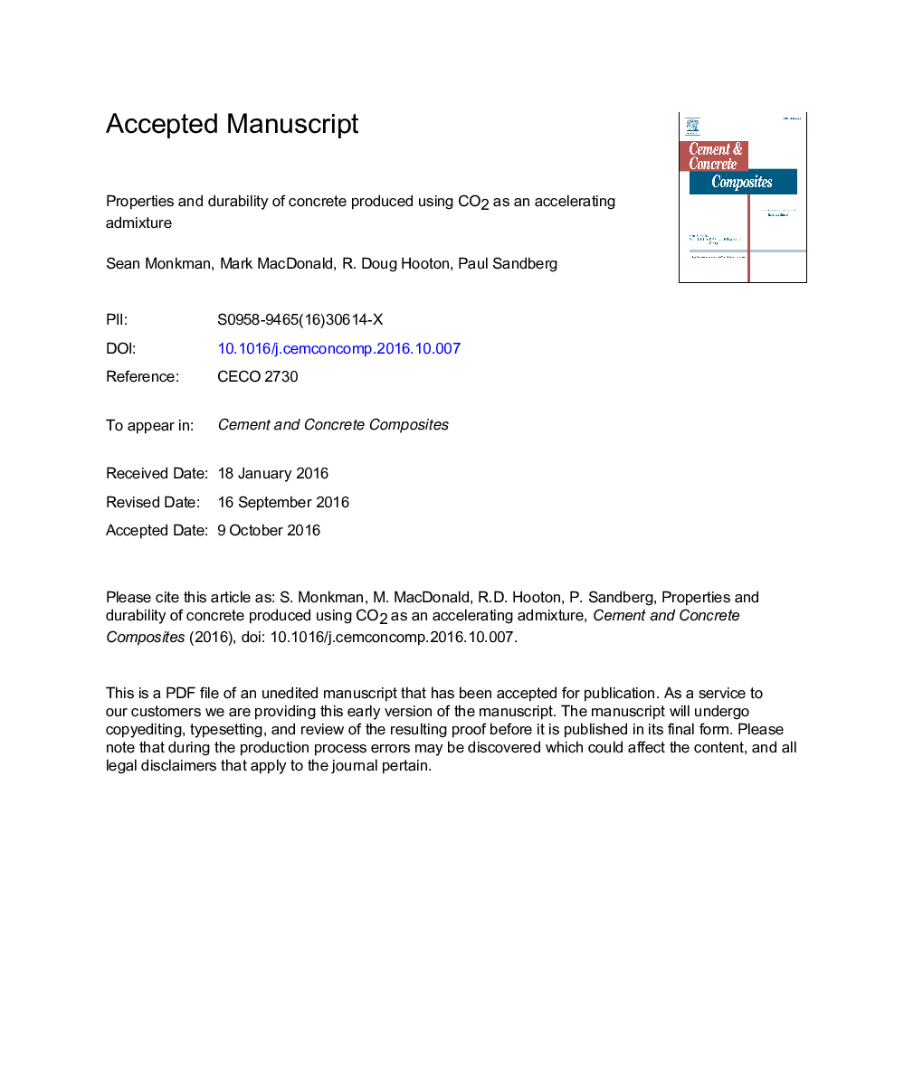 Properties and durability of concrete produced using CO2 as an accelerating admixture