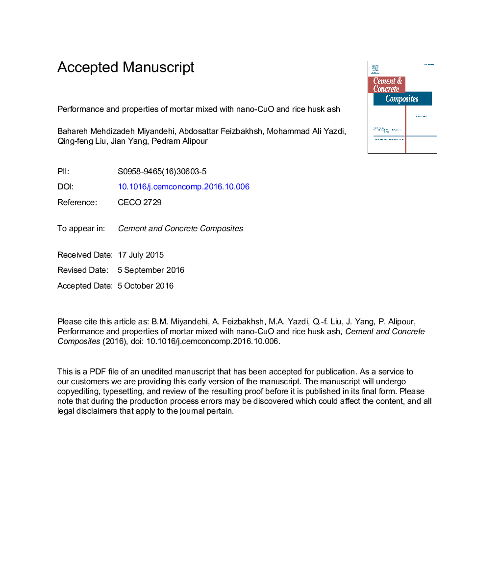 Performance and properties of mortar mixed with nano-CuO and rice husk ash