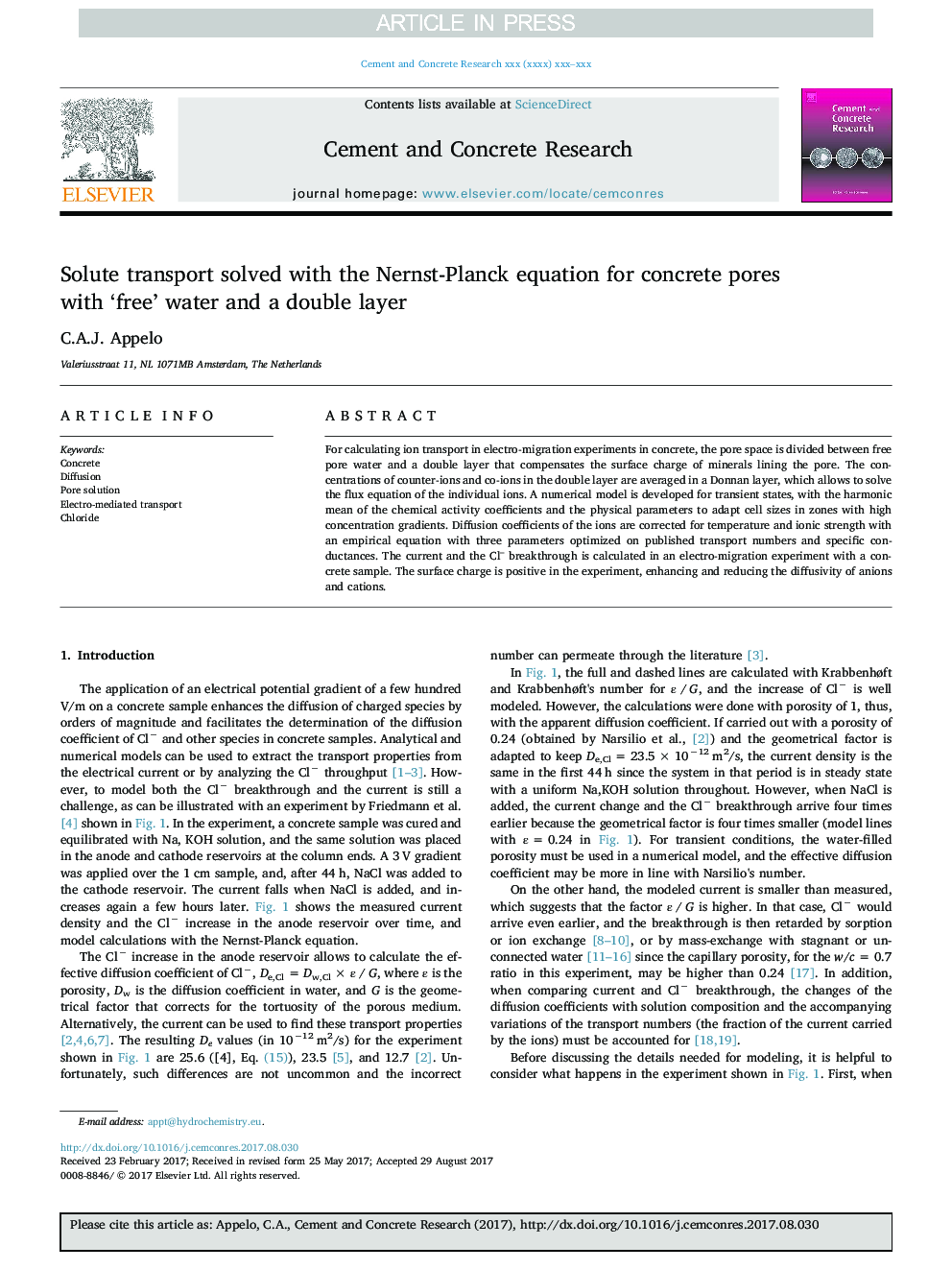 Solute transport solved with the Nernst-Planck equation for concrete pores with 'free' water and a double layer