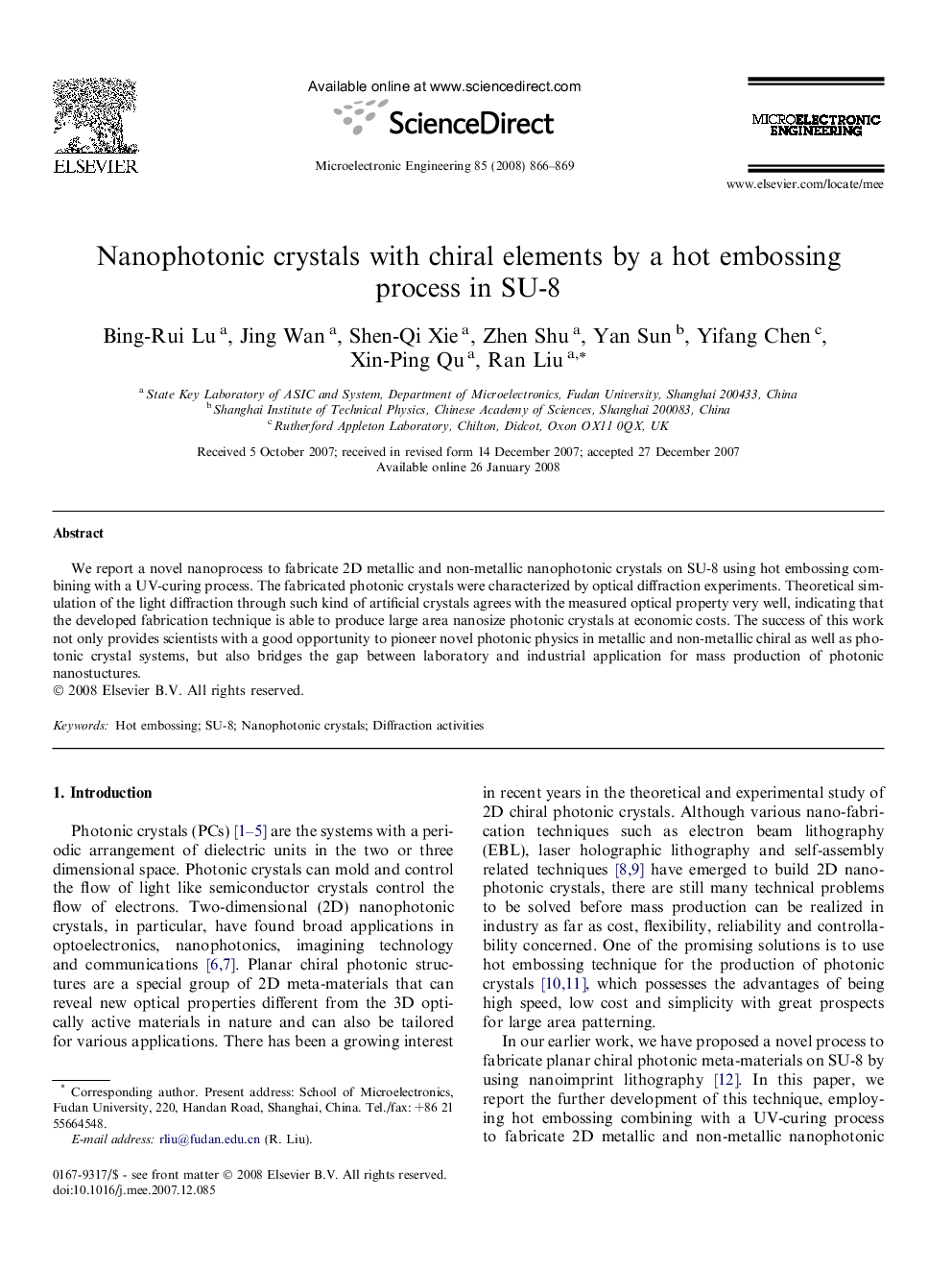 Nanophotonic crystals with chiral elements by a hot embossing process in SU-8